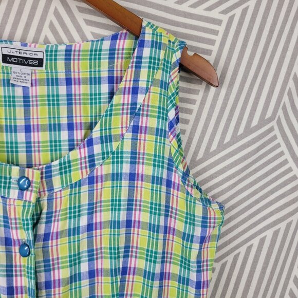 Vintage Pastel Plaid Dress Size Large flare Pleated Button Front Blue Yellow - Picture 3 of 6